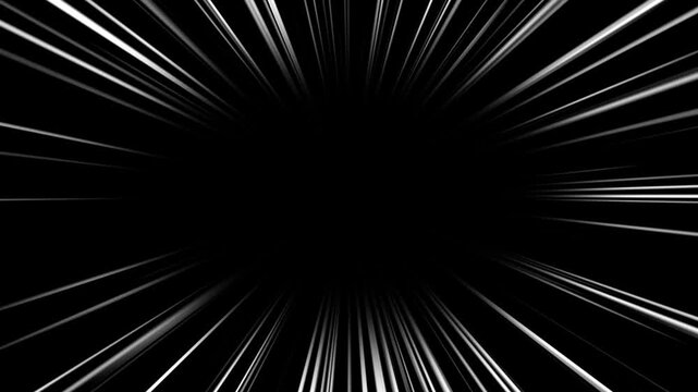 White speed lines isolated on black solid. Abstract zoom anime speed lines overlay animation. 
Radial Comic Light Speed Lines Moving. White speed lines isolated on black background. 
