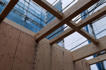 Timber Framing Structure of Residential Building at Construction Site, Low Angle View © Андрий Мищак
