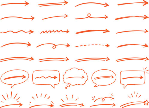 Handdrawn red scribble arrows set in vector collection of simple sketch pointer signs isolated on white background