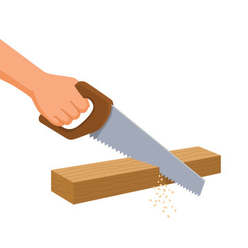 Carpenter hand sawing wood with a hand saw