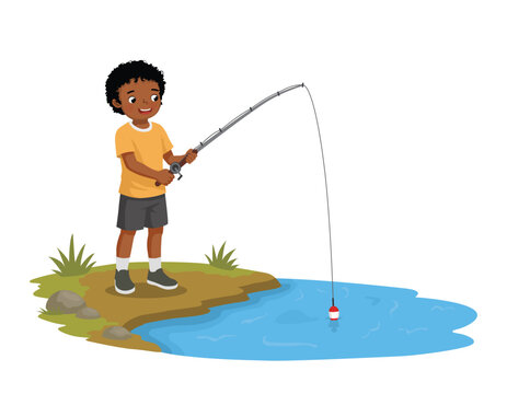 Little African boy fishing at the river holding a fishing rod
