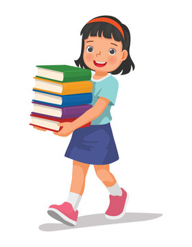 Little girl carrying a stack of books