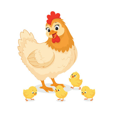 Mother hen and cute yellow chicks on white background