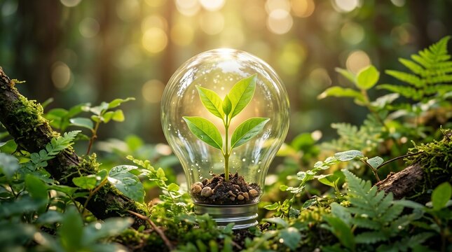 Hand holding light bulb against nature on green leaf with energy sources, Sustainable developmen and responsible environmental, Energy sources for renewable, Ecology concept