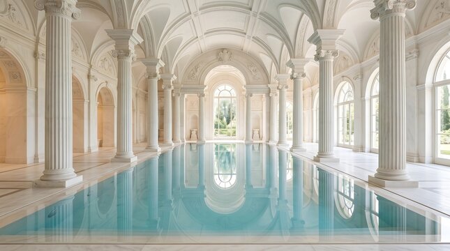 Luxurious neoclassical indoor swimming pool with white marble columns and elegant vaulted ceiling architecture