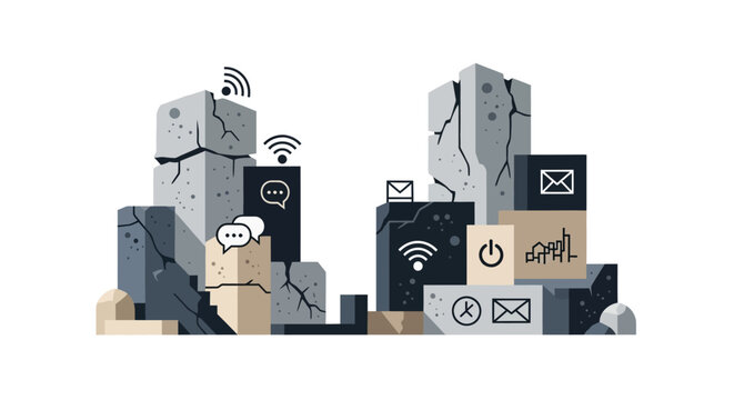 Digital Communication Icons on Ancient Stone Ruins