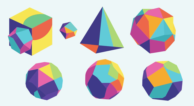 Geometric Shapes Set - Cube, Pyramid, and Polyhedra in Vibrant Colors