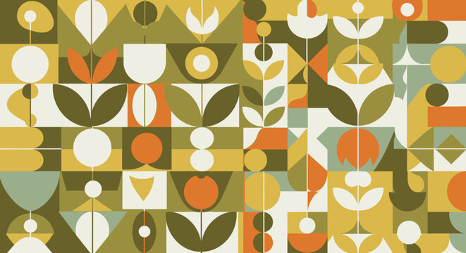 Mid-century geometric floral pattern, retro abstract design, earthy tones