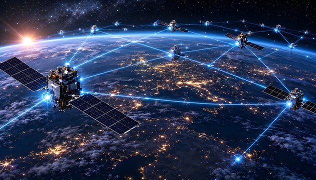 Low Earth Orbit Satellite Network Constellation Above Earth at Night