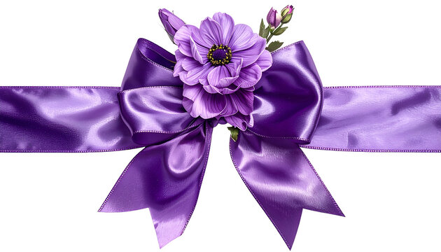 Purple Satin Bow with Flower Transparent Isolated Ribbon Decoration