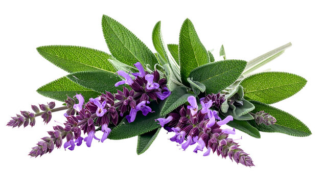 Purple Salvia Flowers And Green Leaves Isolated Transparent Background