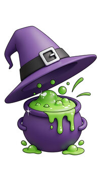 Purple Witch Hat Over Bubbling Green Cauldron Potion Isolated Transparent Background
