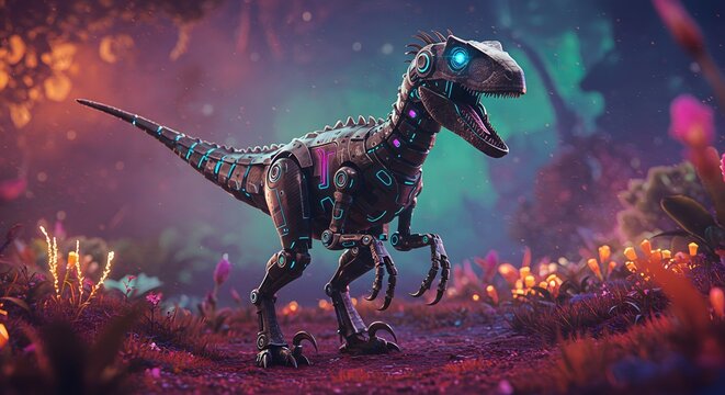 A robotic raptor with glowing blue eyes and intricate mechanical details stands in a bioluminescent forest at night. The creature's body is a mix of metallic plating and vibrant, futuristic elements.