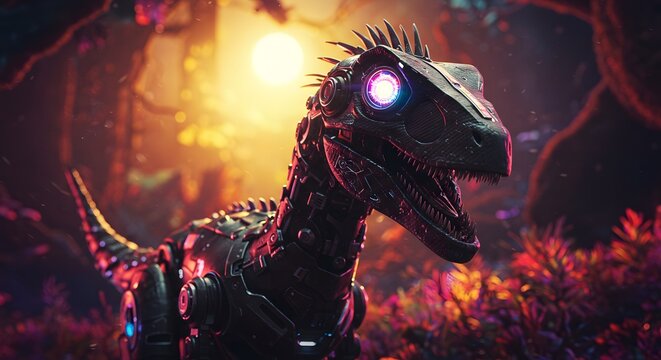 A futuristic cyborg dinosaur with glowing eyes stands in an alien jungle at sunset