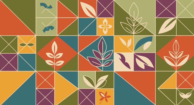 Geometric Pattern with Botanical Elements - Autumn Color Palette