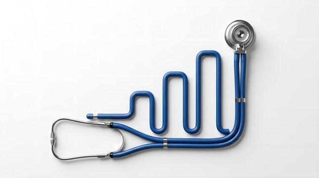 Stethoscope laying flat next to a bright blue 3D statistical graph showing high performance growth in pharmaceutical sales and medical business revenue