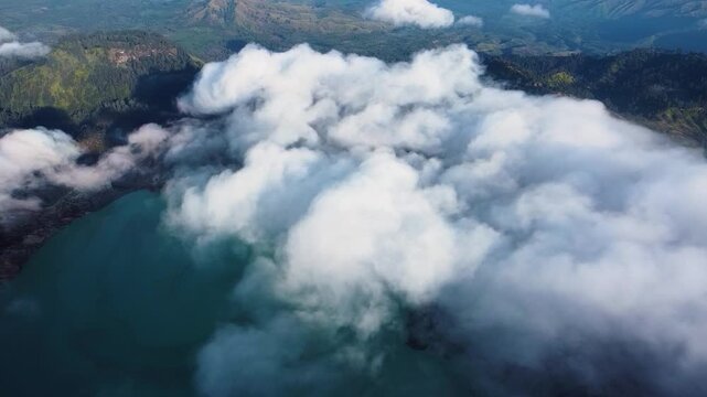 Aerial view of kawah ijen volcano crater lake in indonesia