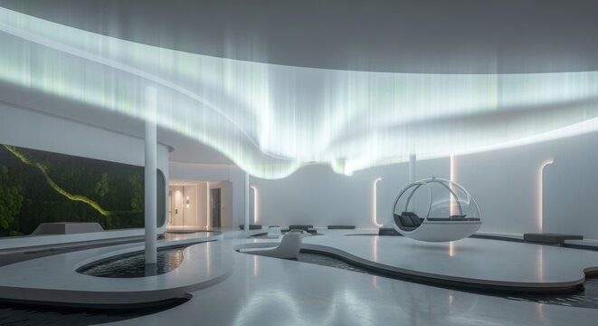 Int&eacute;rieur moderne avec plafond lumineux &agrave; effet aurore bor&eacute;ale abstrait, design architectural
