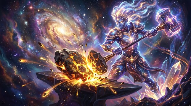 Celestial blacksmith forging a glowing asteroid in deep space.