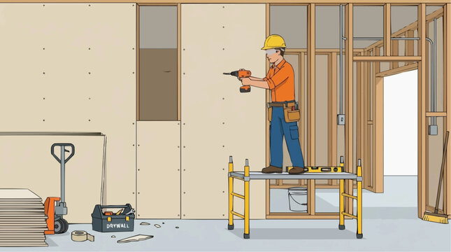 2D Flat Vector Ilustration Construction worker installing drywall on a scaffold with tools and materials