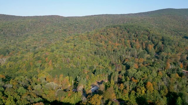 Aerial Drone View of Catskills Mountain Forest in Autumn &ndash; 4K Scenic Landscape