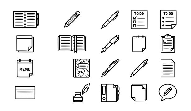 Note taking and writing icon set isolated on white