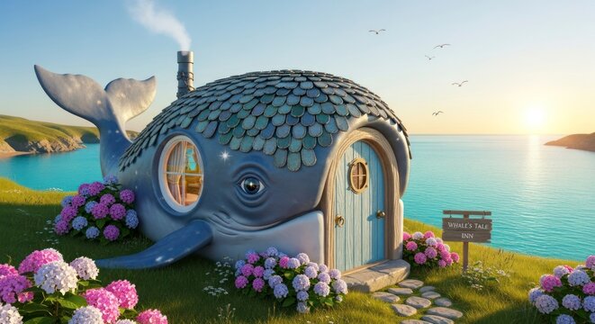Maison de r&ecirc;ve en forme de baleine, perch&eacute;e sur une colline avec vue sur l'oc&eacute;an et entour&eacute;e de fleurs.