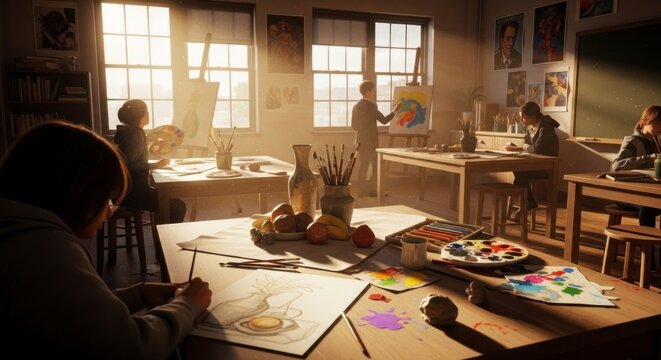 Sc&egrave;ne d'atelier d'artiste : des gens peignent et cr&eacute;ent des &oelig;uvres d'art &agrave; la lumi&egrave;re naturelle.