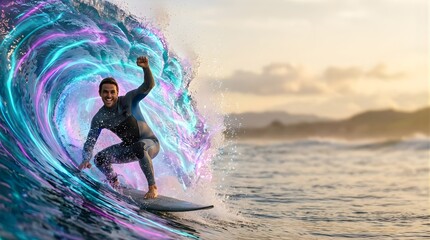 Happy surfer riding a giant ocean wave with digital neon light effects