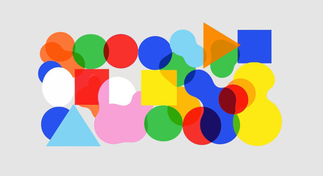 Colorful geometric abstract shapes overlap on gray background