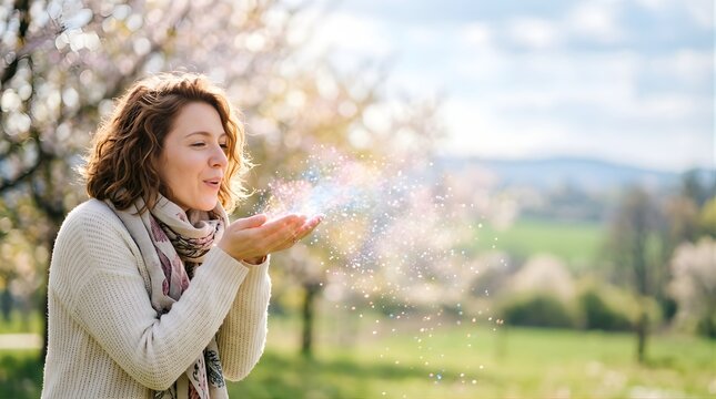 Happy woman blowing glowing colorful magic glitter outdoors in spring