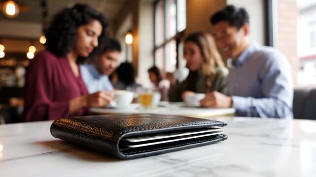 Wallet on marble table in busy cafe with blurred people