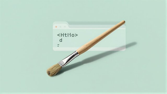 Paintbrush rests beside code window symbolizing creative web
