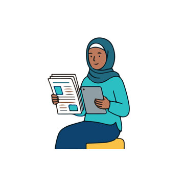 Muslim Businesswoman Reviewing Documents with Tablet, Female Professional in Hijab Reading Corporate Reports
