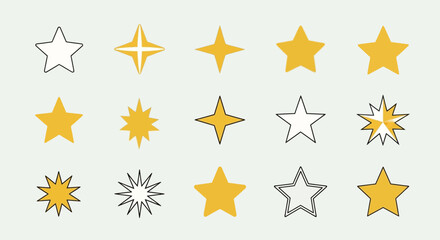 Fototapeta premium Collection of diverse star shapes illustrations, yellow and outline