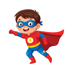This vibrant vector illustration depicts a cheerful young boy in a superhero costume with a red cape and blue mask, striking a dynamic flying pose. © Coey
