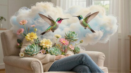 Fototapeta premium Person relaxes in armchair dreaming of hummingbirds and flowers