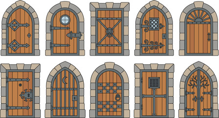 Medieval wooden door collection with fantasy castle entrances and decorative architectural designs vector illustration isolated on white background © Mstferdoshi