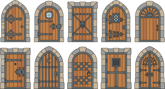 Medieval wooden door collection with fantasy castle entrances and decorative architectural designs vector illustration isolated on white background