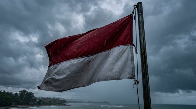 Indonesian flag waving against dramatic cloudy sky on a stormy day