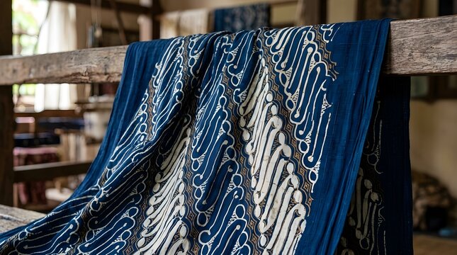 Handmade traditional batik fabric with parang motif hanging near a vintage musical instrument in a workshop