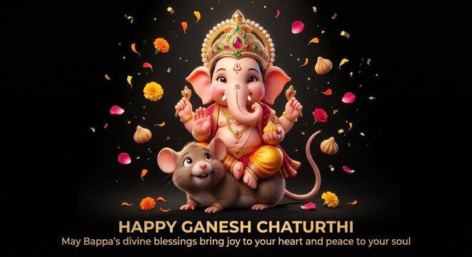 Cute cartoon lord ganesha riding his mouse mushak for ganesh chaturthi celebration with floating marigold flowers and modak sweets on a dark background for spiritual greeting