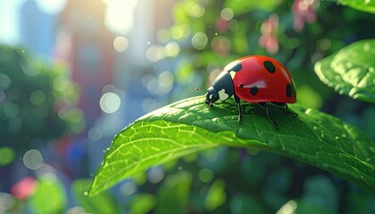 Obraz premium Ladybug Resting on a Vibrant Green Leaf in Sunlight.