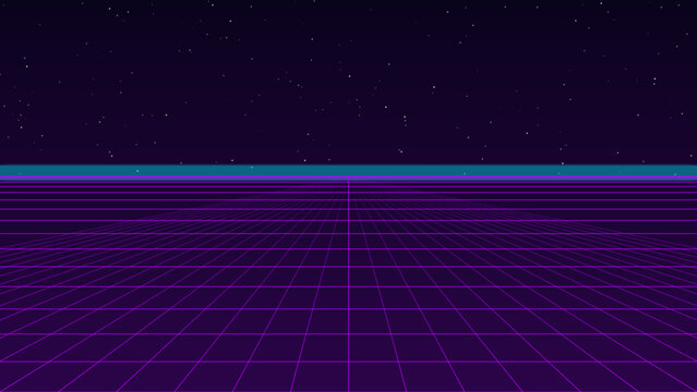 Retro Synthwave Horizon Landscape with Glowing Perspective Grid and Starry Sky, Algorithmic Vector Art for Futuristic Outrun Aesthetic Background
