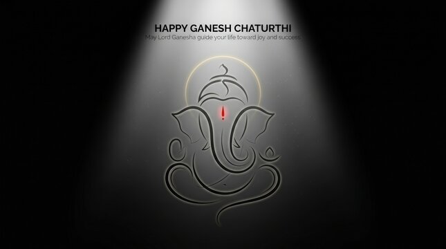 Minimalist lord ganesha line art illustration for ganesh chaturthi celebration greeting card with soft spotlight illumination on a dark background