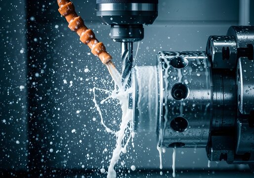 Precision cnc milling machine precisely cutting metal with coolant spray, creating sparks and a dynamic industrial atmosphere.
