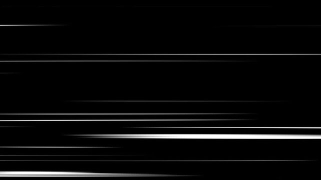White anime speed lines comic motion on black. White horizontal anime manga speed lines over black background.
Right to Left speed lines moving with alpha channel. black anime background.