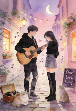 Watercolor Illustration of Romantic Couple Playing Guitar in Dreamy Moonlit Street with Cats and Music Notes