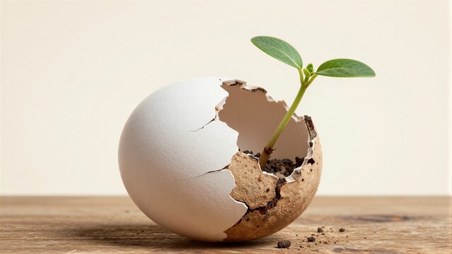 Tiny green sprout grows from cracked eggshell symbolizing new