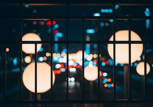 Glowing spherical lanterns illuminate a dark, moody urban nightscape with blurred city lights and traffic visible through a window.